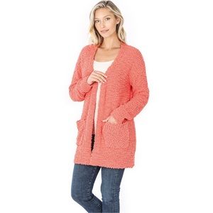 Deep Coral Popcorn Cardigan